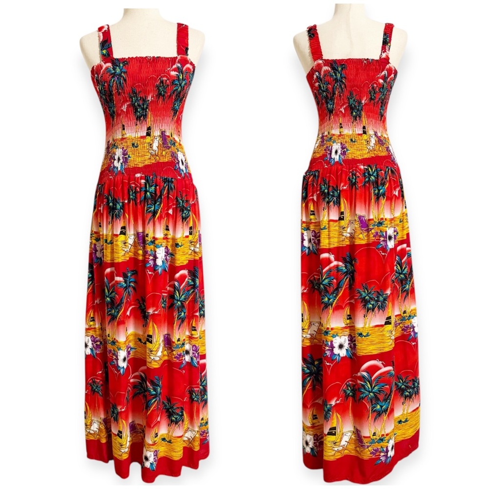India Boutique Red Tropical Floral Hawaiian Smocked Maxi Dress